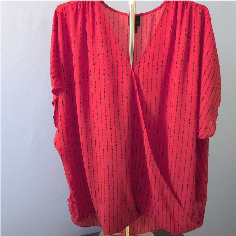 Worthington Woman Blouse 1X Orange Black Dotted Stripe Wrap Front Short Sleeve